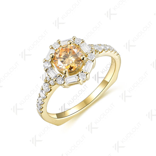 Kuololit 1CT Champagne Moissanite Ring for Women Solid 14K 10K 585 Yellow Gold European Shank Ring for Engagement Christmas Gift