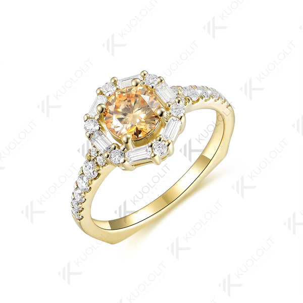 Kuololit 1CT Champagne Moissanite Ring for Women Solid 14K 10K 585 Yellow Gold European Shank Ring for Engagement Christmas Gift