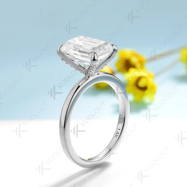 Kuololit 5CT Emerald Cut Moissanite Engagement Ring for Women Solid 14K 10K 585 White Gold Ring for Christmas Gifts Party