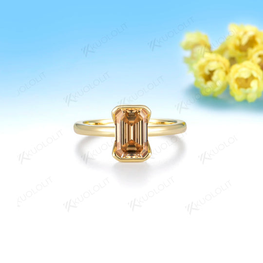 Kuololit 2.5CT Champagne Moissanite Ring for Women Solid 14K 10K Yellow Gold Engagement emerald Cut for Christmas Gifts Party