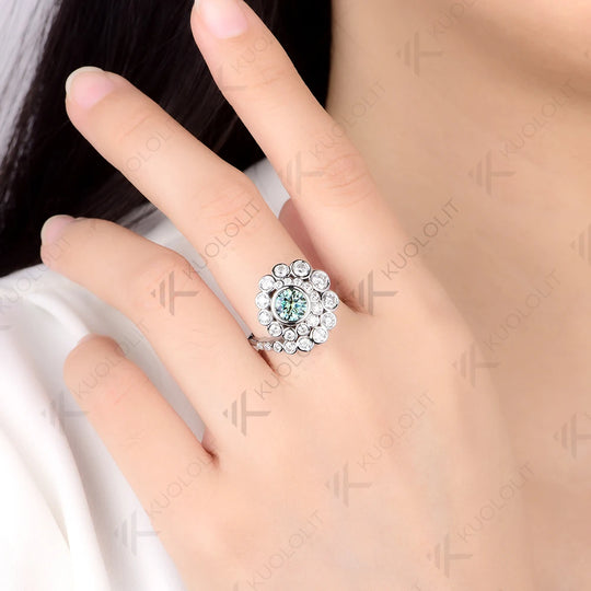 Kuololit 1CT Cyan Moissanite Spiral Ring for Women Solid 14K 10K 585 White Gold Engagement Ring for Christmas Gifts Anniversary