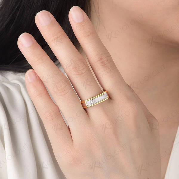 Kuololit Lab Diamond Brushed Band for Men Women Solid  14K10K Two Tone Gold Ring 925 Sliver Round Cut For Wedding Christmas Gift