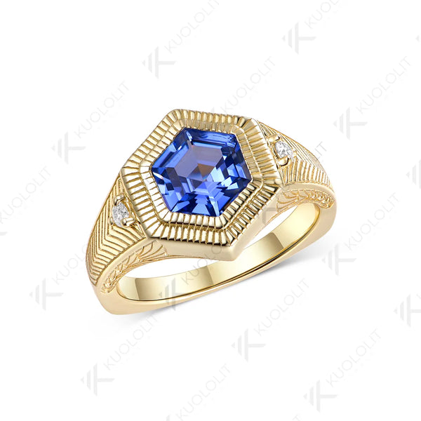 Kuololit 2CT Lab Grown Blue Sapphire Moissanite Custom Ring for Women Solid 14K 10K Yellow Gold Ring for Anniversary Christmas