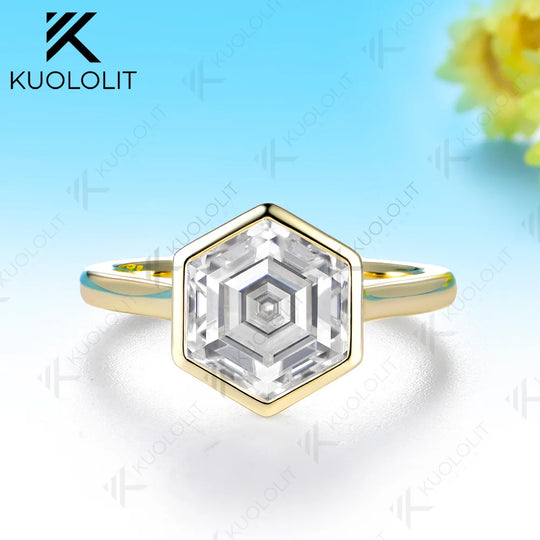 Kuololit 4CT Moissanite Custom Ring for Women Solid 14K 10K 585 Yellow Gold Hexagon Cut Engagement Ring for Christmas Gifts