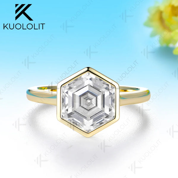 Kuololit 4CT Moissanite Custom Ring for Women Solid 14K 10K 585 Yellow Gold Hexagon Cut Engagement Ring for Christmas Gifts
