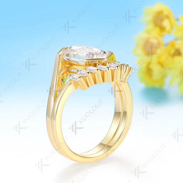 Kuololit 3CT Long Hexagon Cut Moissanite Set Ring for Women Solid 14K 10K 585 Yellow Gold Engagement Ring for Christmas Gifts