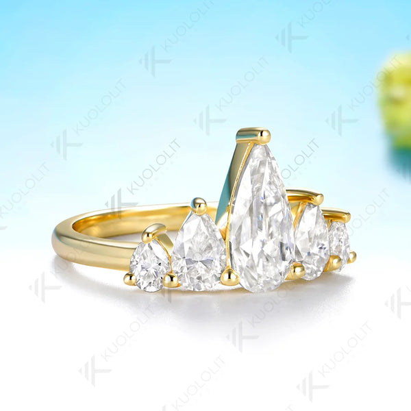 Kuololit 3.1CTW Pear Cut Moissanite Custom Ring for Women Solid 14K 10K 585 Yellow Gold Wedding Band Ring for Christmas Gifts