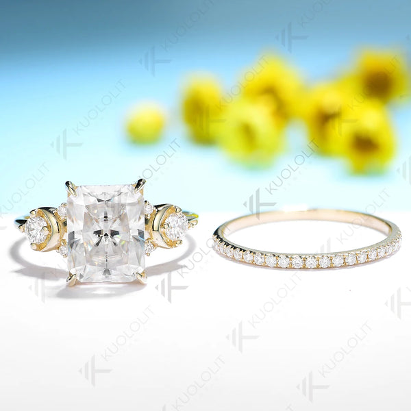 Kuololit 4CT Moissanite Set Rings for Women Solid 14K 10K 585 Yellow Gold Radiant Band Rings for Engagement Wedding Christmas