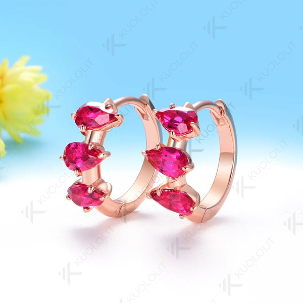 Kuololit 2.1CTW Lab Grown Ruby Hoop Earrings for Women Solid 14K 585 Rose Gold Clip Earrings for Classic Christmas Gifts Luxury