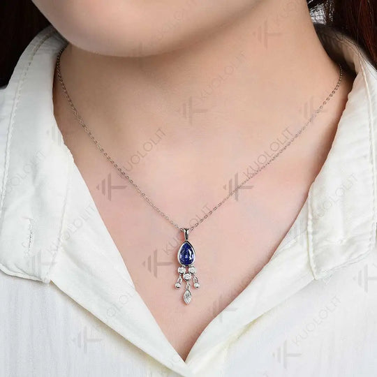Kuololit 1.6CT Lab Grown Blue Sapphire and Moissanite Necklace for Women Solid 18K 14K 10K 585 Yellow Gold Pendant for Christmas