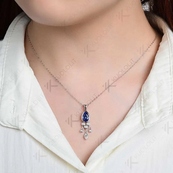 Kuololit 1.6CT Lab Grown Blue Sapphire and Moissanite Necklace for Women Solid 18K 14K 10K 585 Yellow Gold Pendant for Christmas
