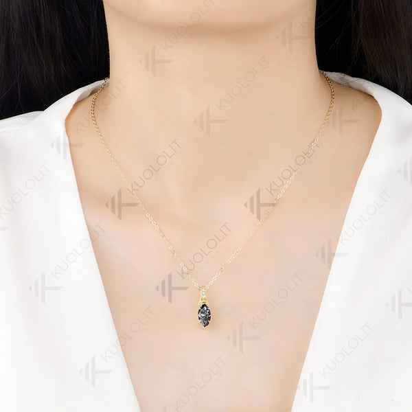 Kuololit 2CT Grey Moissanite Custom Necklace for Women Solid 585 14K 10K Yellow Gold Marquise Necklace for Christmas Gifts Party