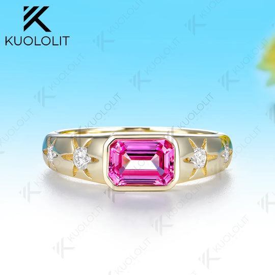 Kuololit 1CT Lab Grown Pink Sapphire Custom Ring for Women Solid 14K 10K 585 Yellow Gold Engagement Ring for Christmas Gifts