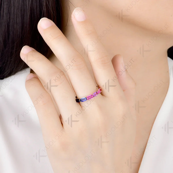 Kuololit Lab Grown Sapphire Gemstone Colorful Custom Ring for Women Solid 14K 10K  Yellow Gold Eternity Half Band for Christmas