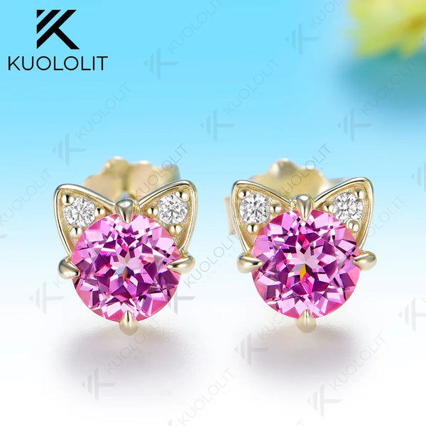 Kuololit 1.1CTW Lab Grown Pink Sapphire Diamond Custom Earrings for Women Solid 14K 10K 585 Yellow Gold for Christmas Gift Party