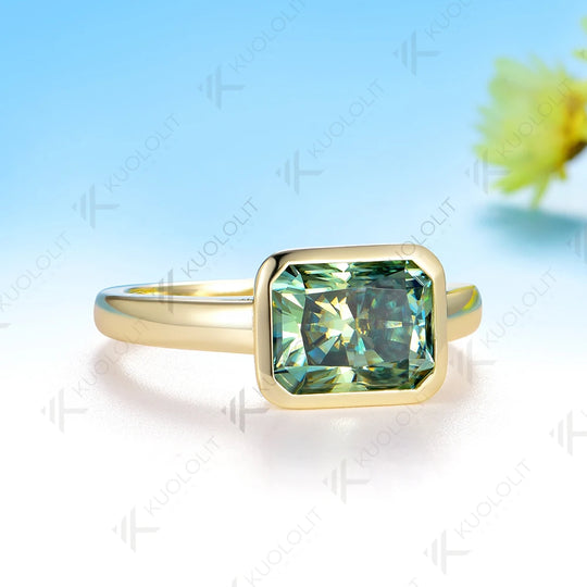 Kuololit 3CT Radiant Cut Cyan Moissanite Ring for Women Solid 14K 10K Yellow Gold Bezel Set Engagement Ring for Christmas Gifts