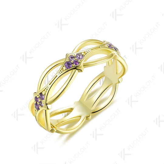 Kuololit PT900 Natural Amethyst Flower Hollow Band for Women Solid Platinum 900 Gold For Engagement Wedding Band Christmas Gifts