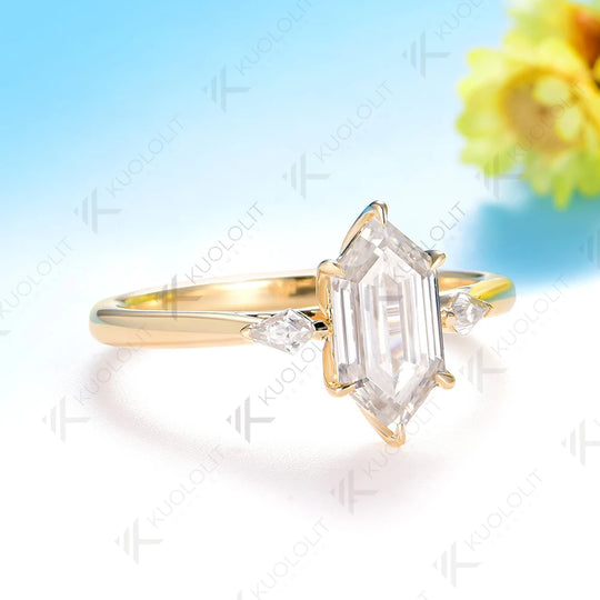 Kuololit 2CT Long Hexagon Kite Cut Moissanite Set Ring for Women Solid 14K 10K 585 Yellow Gold  for Christmas Gifts Engagement