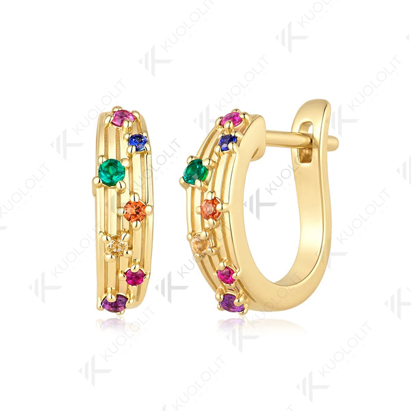 Kuololit Lab Grown Coloful Rainbow Gemstones Custom Earrings for Women Solid 14K 10K 585 Yellow Gold for Christmas Gifts Party