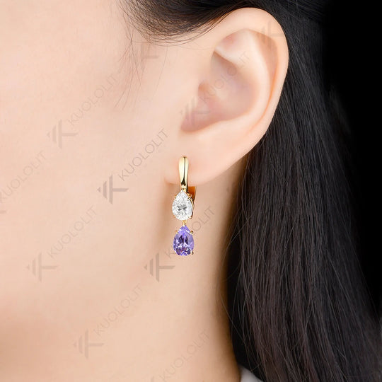 Kuololit 6CTW Lavender Sapphire and Moissanite Earrings for Women Solid 14K 10K 585 Yellow Gold Clip Earring for Christmas Gifts