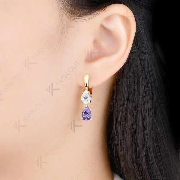 Kuololit 6CTW Lavender Sapphire and Moissanite Earrings for Women Solid 14K 10K 585 Yellow Gold Clip Earring for Christmas Gifts