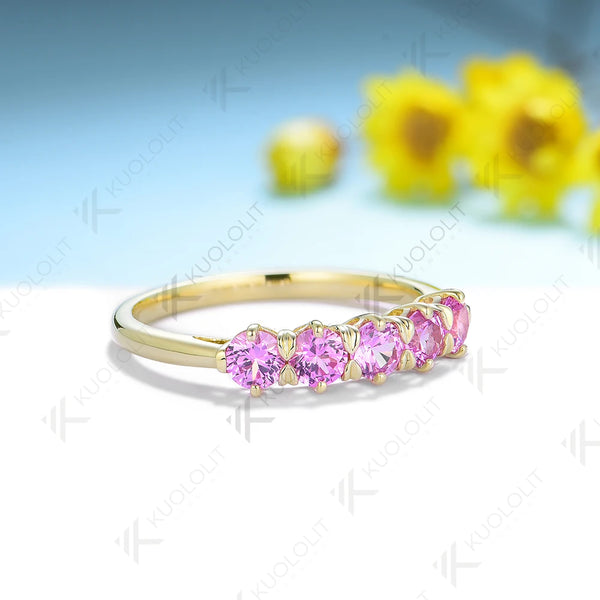 Kuololit Lab Grown Pink Sapphire Band for Women Solid 18K 14K 10K Gold  Ring for Engagement Anniversary Christmas Gifts Classic