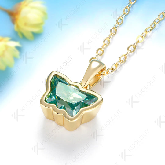 Kuololit 2CT Butterfly Cyan Moissanite Necklace for Women Solid 14K 10K Yellow Gold Animal Pedant for Christmas Party Gifts