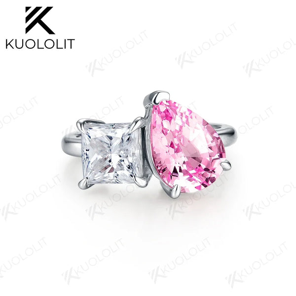 Kuololit Lab Grown Pink Sapphire Pear Cut Rings for Women 18K 14K White Gold Moissanite Princess Cut Ring for Engagement Party