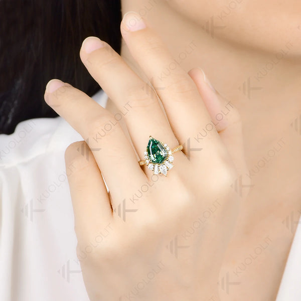 Kuololit 4CT Octagonal Pear Cyan Moissanite Ring for Women Solid 14K 10K Yellow Gold Engagement for Christmas Gift Party Wedding