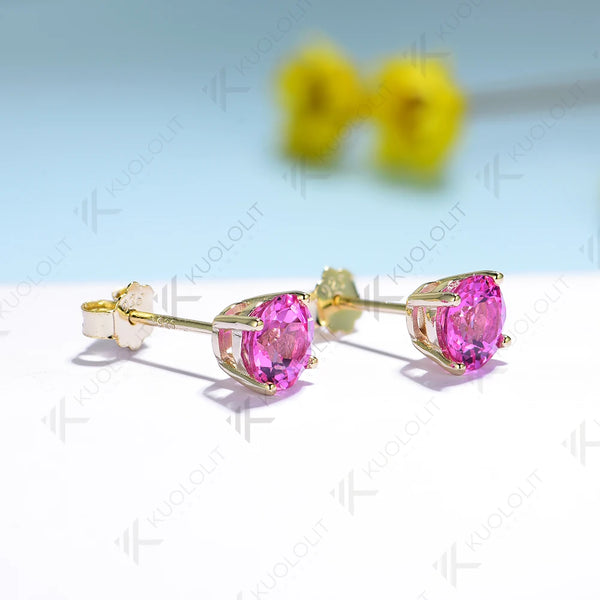 Kuololit 2.2CTW Lab Grown Padparadscha Gemstone Earrings for Women Pure 18K 14K 10K Gold Stub Trillyon Earrings for Anniversary