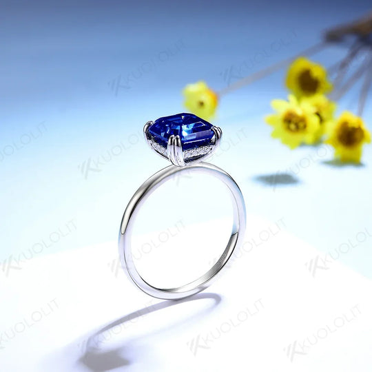 Kuololit Lab Grown Sapphire Moissanite Rings for Women Solid 18K 14K White Gold Asscher Cut Hiden Halo for Engagement Wedding