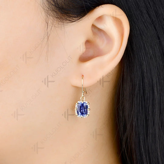 Kuololit 5CTW Lab Grown Blue Sapphire Custom Hoop Earrings for Women Solid 14K 10K 585 Yellow Gold for Christmas Gifts Party