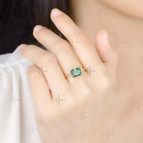Kuololit 3CT Emerald Cut Cyan Moissanite Ring for Women Solid 14K 10K 585 Yellow Gold Ring for Engagement Party Christmas Gifts