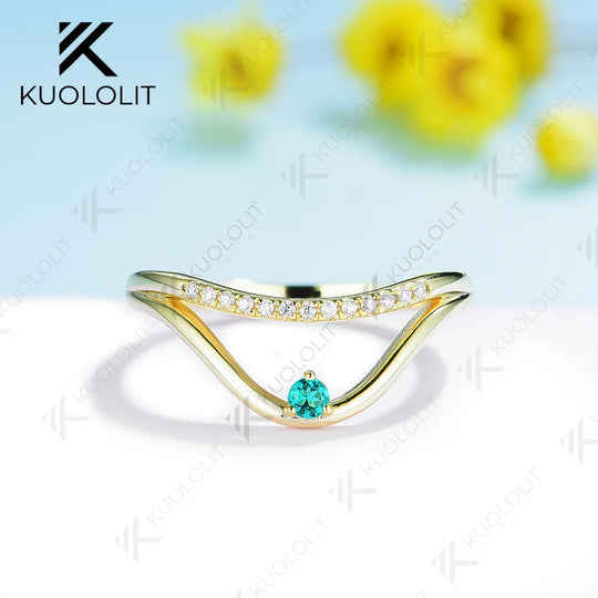 Kuololit Lab Grown Emerald Band Rings for Men Women Solid 10K 14K 18K 585 Gold Wedding Band for Engagement Party Christmas Gift