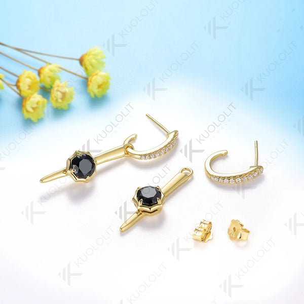 Kuololit 2CTW Black Moissanite Clip Earrings for Women Solid 18K 14K 10K 585 Yellow Gold Round Cut Hoop Earrings for Christmas