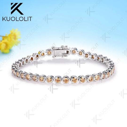 Kuololit Champagne Cyan Moissanite Round 3.0mm Tennis Bracelet for Women Solid 14K 10K 585 White Gold Bracelet for Engagement Christmas Gift