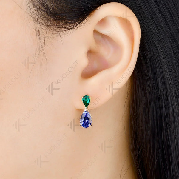 Kuololit 4CTW Lab Grown Emerald Sapphire Clip Earrings for Women Solid 14K 10K 585 Yellow Gold Rhombus Cut for Christmas Gifts