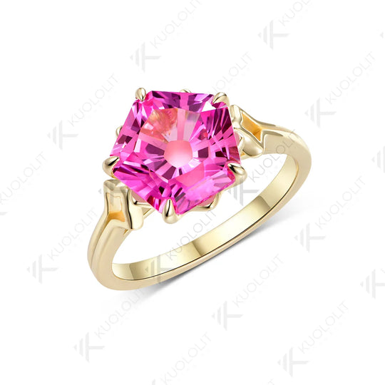 Kuololit 5CT Lab Grown Pink Sapphire Custom Ring for Women Solid 14K 10K 585 Yellow Gold Sakura Cut for Christmas Gift Party