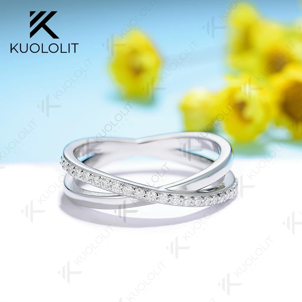 Kuololit Moissanite Rings for Women Solid 14K 10K 585 925 Silver Yellow Gold Wedding Cross Band Rings for Engagement Christmas