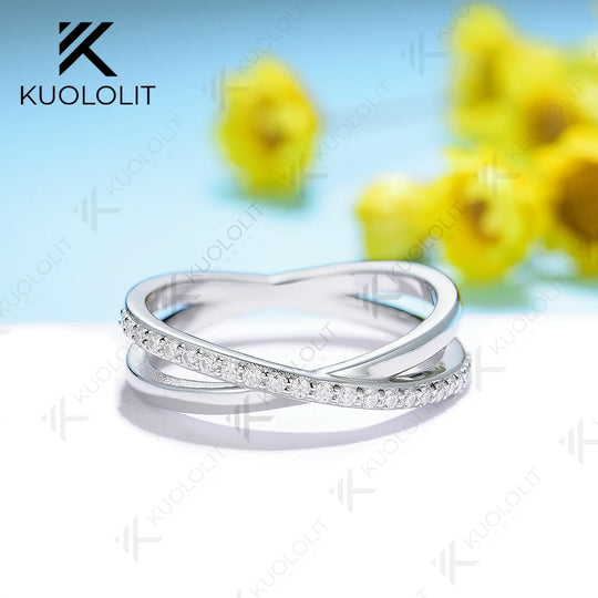 Kuololit Moissanite Rings for Women Solid 14K 10K 585 925 Silver Yellow Gold Wedding Cross Band Rings for Engagement Christmas