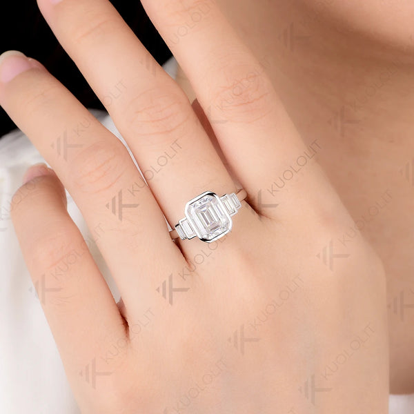 Kuololit 3CT Emerald Cut Moissanite Ring for Women Solid 14K 10K White Gold Engagement Ring for Christmas Gifts Party Engagement