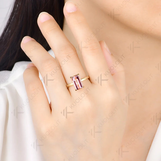 Kuololit 4.5CT Lab Grown Pink Sapphire Grid Unique Cutting Custom Ring for Women Solid 14K 10K 585 Yellow Gold for Christmas