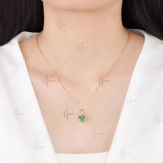 Kuololit 2CT Heart Cut Cyan Moissanite Necklace for Women Solid 585 14K 10K Yellow Gold  Necklace for Christmas Gifts Party