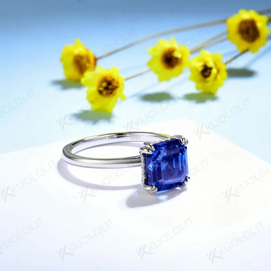 Kuololit Lab Grown Sapphire Moissanite Rings for Women Solid 18K 14K White Gold Asscher Cut Hiden Halo for Engagement Wedding