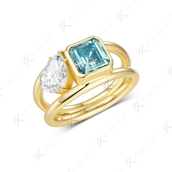Kuololit Cyan Moissanite Pear Asscher Cut Custom Set Ring for Women Solid 14K 10K 585 Yellow Gold for Christmas Gift Anniversary