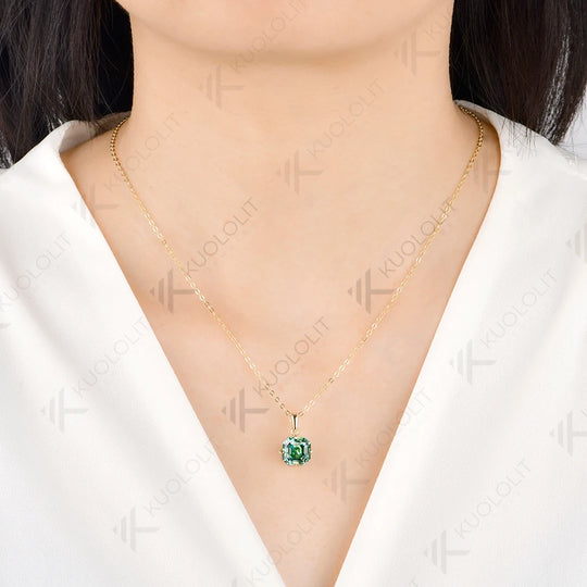 Kuololit 3.5CT Asscher Cut Cyan Moissanite Custom Necklace for Women Solid 585 14K 10K Yellow Gold Necklace for Christmas Gifts
