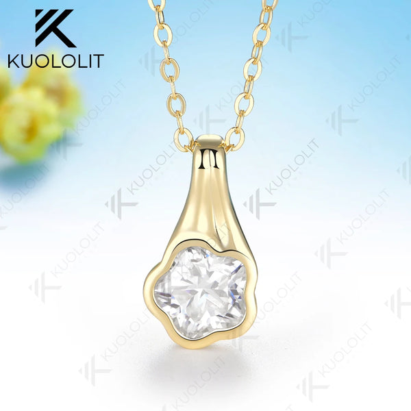 Kuololit 3CT Flower Moissanite Necklace for Women Solid 14K 10K Yellow Gold Plant Cut Pendant for Christmas Party Gift Classic