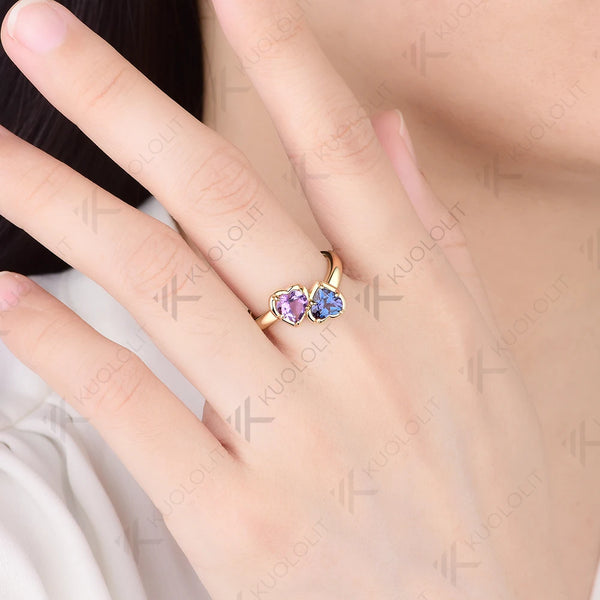 Kuololit 1.6CTW Lab Grown Alexandrite Amethyst Ring for Women Solid 14K 10K 585 Yellow Gold Heart Ring for Christmas Gifts Party