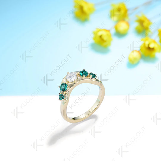 Kuololit 0.6CTW Moissanite with Lab Grown Emerald Rings for Women White Gold Solid18K 14K 10K Gold Enhancing Band for Engagement