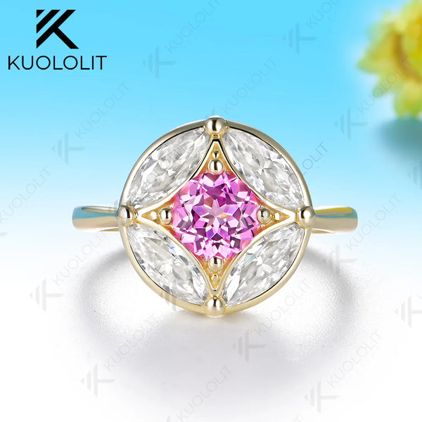 Kuololit 1.2CTW Lab Grown Pink Sapphire Moissanite Custom Ring for Women Solid 14K 10K 585 Yellow Gold for Engagement Christmas